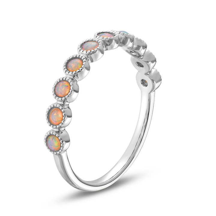 Opal Bezel Milgrain Wedding Band In White Gold 14K