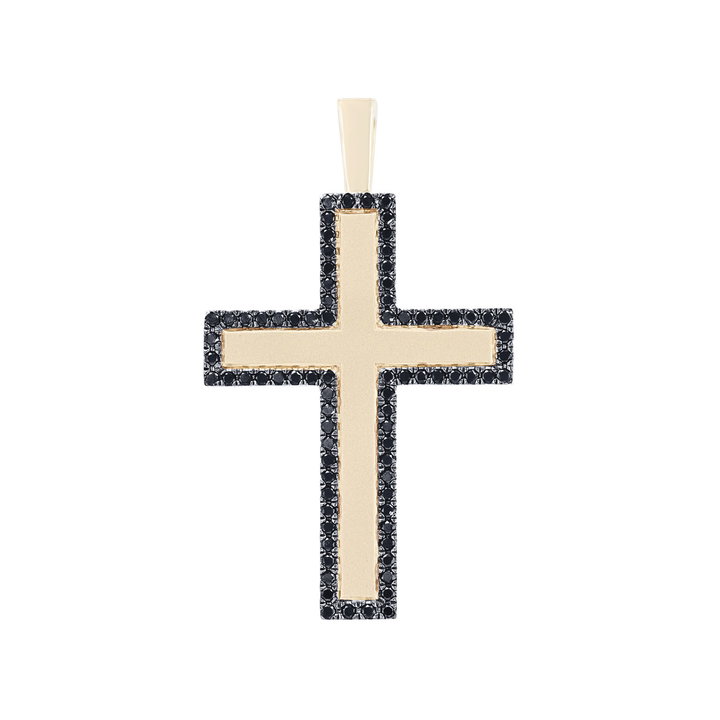 Black Diamond Matte Cross Pendant In Solid 14K Yellow Gold
