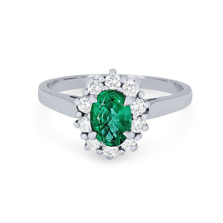Oval Green Emerald and Diamond Halo Ring In Yellow Gold 14K