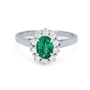 Oval Green Emerald and Diamond Halo Ring In Yellow Gold 14K