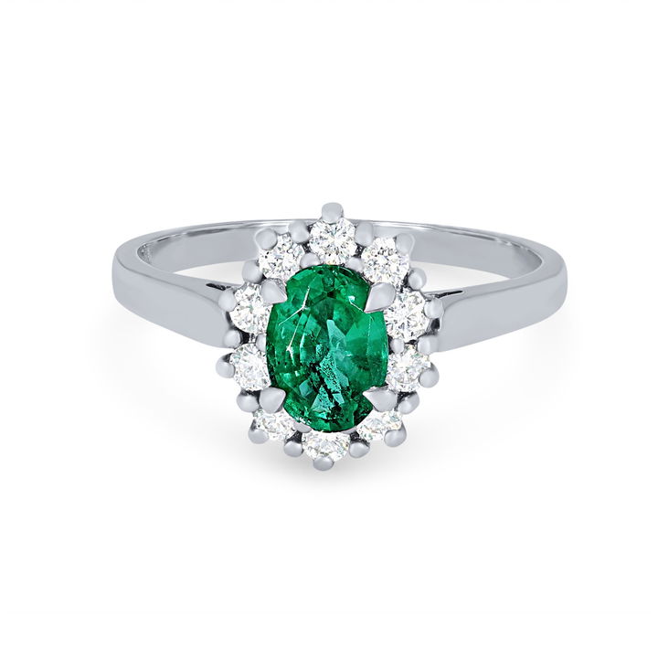 Oval Green Emerald and Diamond Halo Ring In Yellow Gold 14K