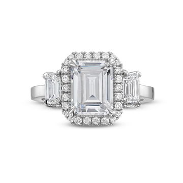 Three Stone Emerald Diamond Halo Engagement Setting by C. Gonshor In Yellow Gold 14K