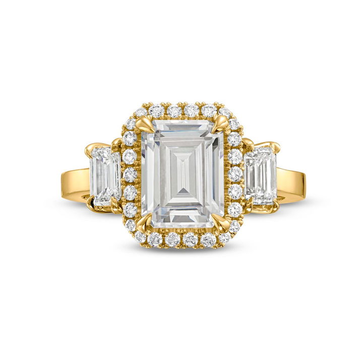 Three Stone Emerald Diamond Halo Engagement Setting by C. Gonshor In Yellow Gold 14K