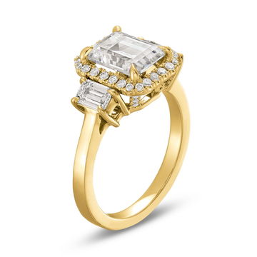 Three Stone Emerald Diamond Halo Engagement Setting by C. Gonshor In Yellow Gold 14K