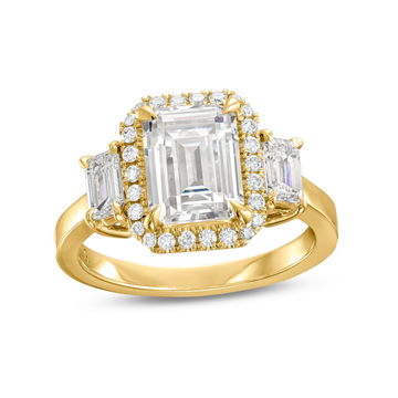Three Stone Emerald Diamond Halo Engagement Setting by C. Gonshor In Yellow Gold 14K