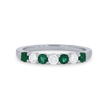 Alternating Green Emerald and Diamond Wedding Band In White Gold 14K