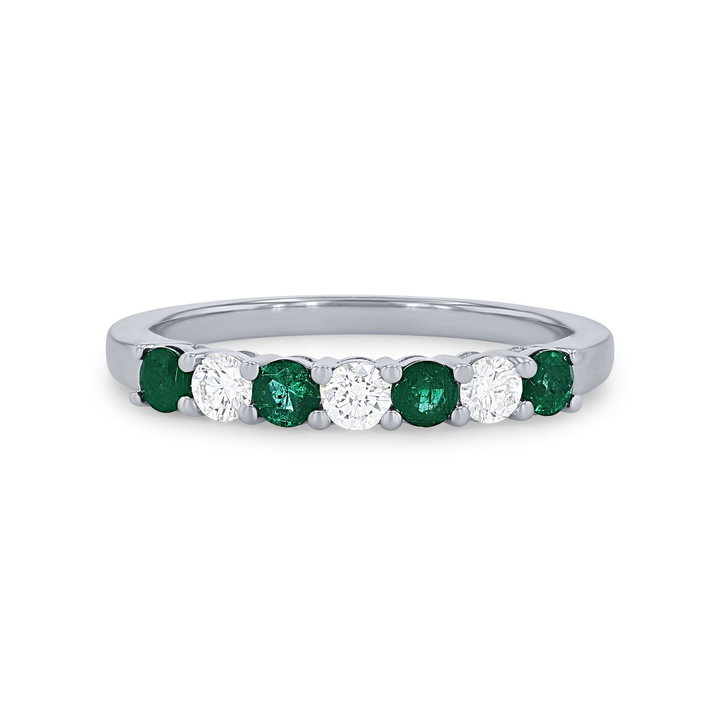 Alternating Green Emerald and Diamond Wedding Band In White Gold 14K