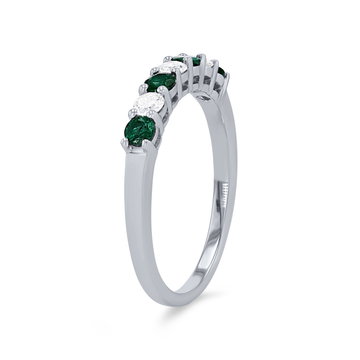 Alternating Green Emerald and Diamond Wedding Band In White Gold 14K