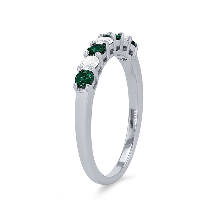 Alternating Green Emerald and Diamond Wedding Band In White Gold 14K
