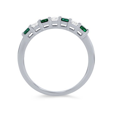 Alternating Green Emerald and Diamond Wedding Band In White Gold 14K
