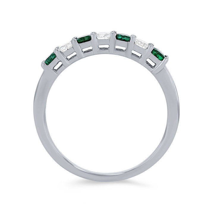 Alternating Green Emerald and Diamond Wedding Band In White Gold 14K