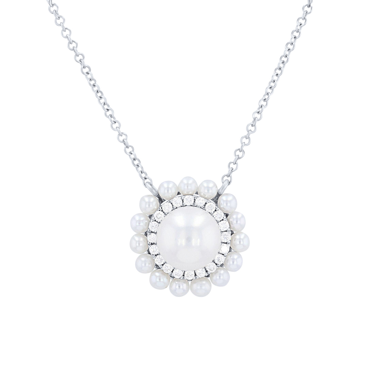 Double Halo Pearl and Diamond Pendant