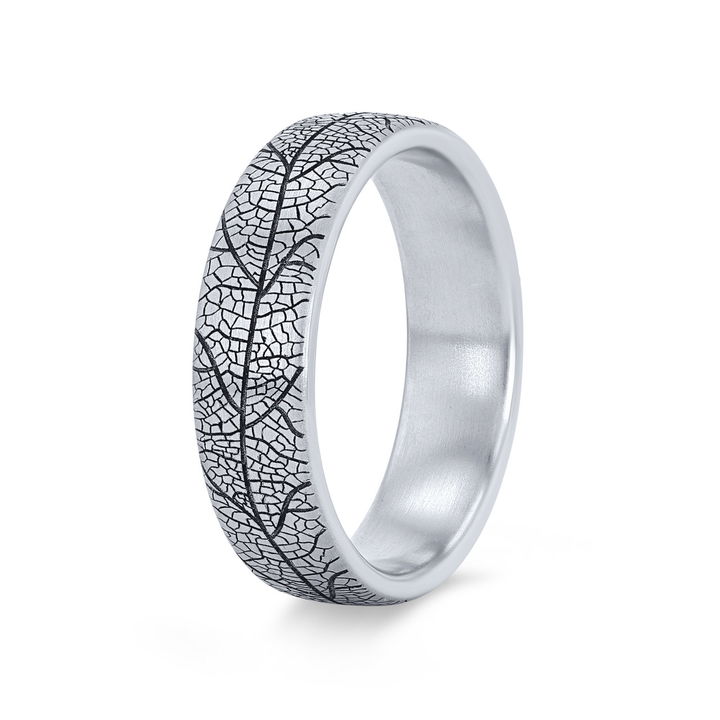 White Gold 14K Leaf Detail 6.5mm Wedding Band
