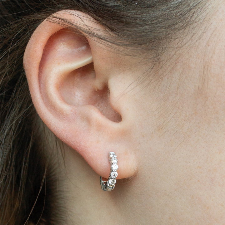 Diamond Hoop Huggie Earrings In White Gold 14K
