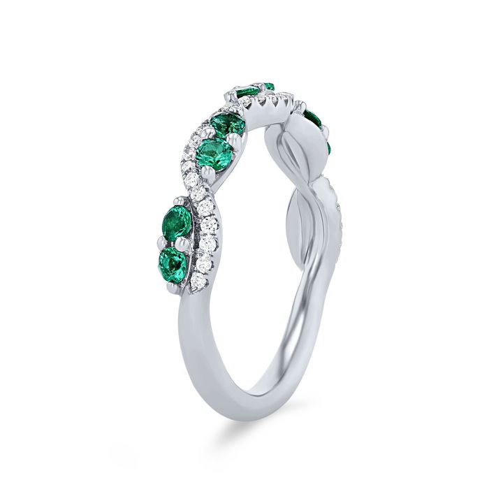 White Gold 14K Emerald and Diamond Twist Wedding Band