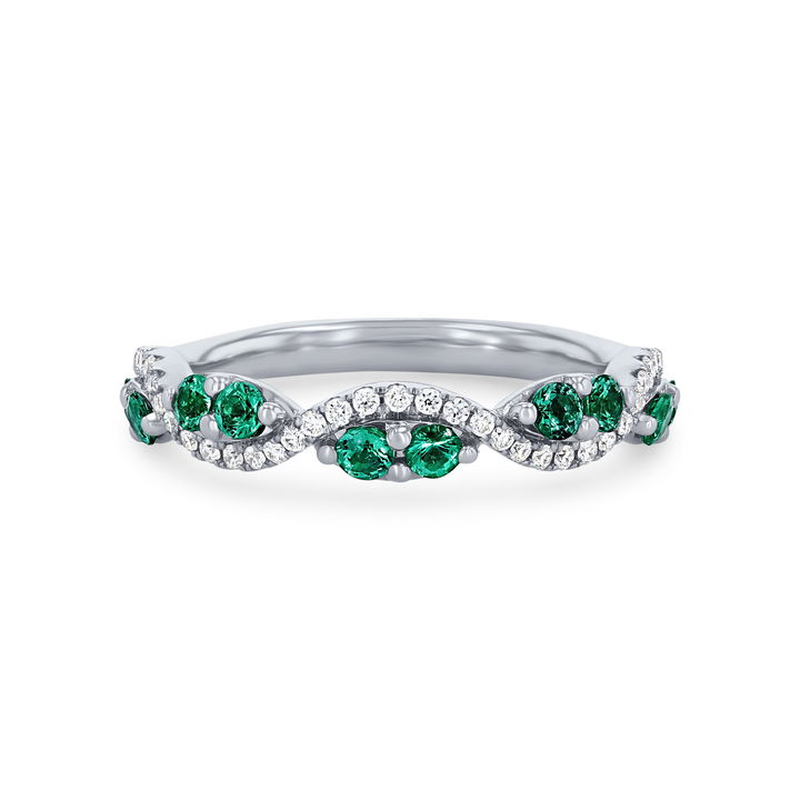 White Gold 14K Emerald and Diamond Twist Wedding Band
