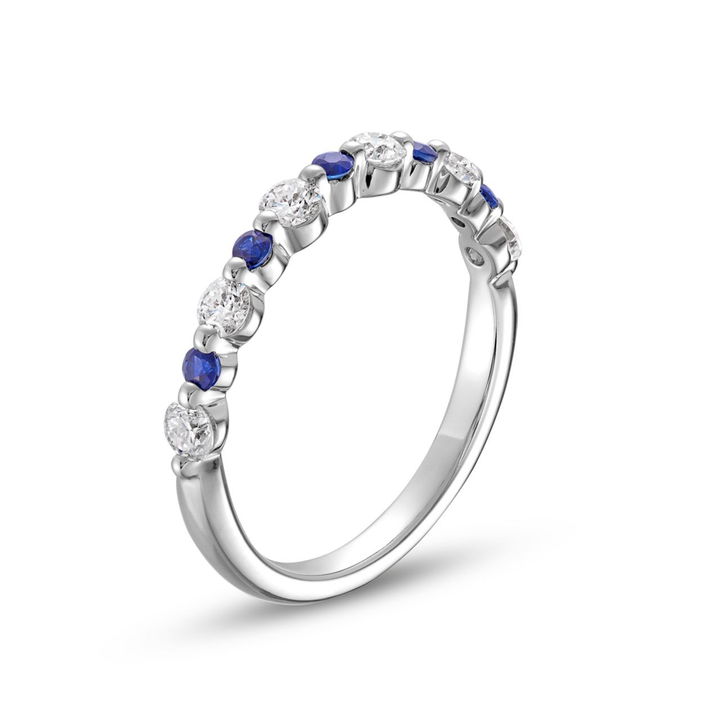 White Gold 14K Alternating Diamond and Blue Sapphire Wedding Band