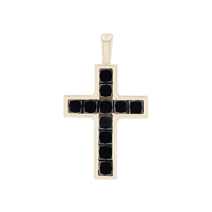 Black Diamond Cross Pendant In Solid 14K Yellow Gold