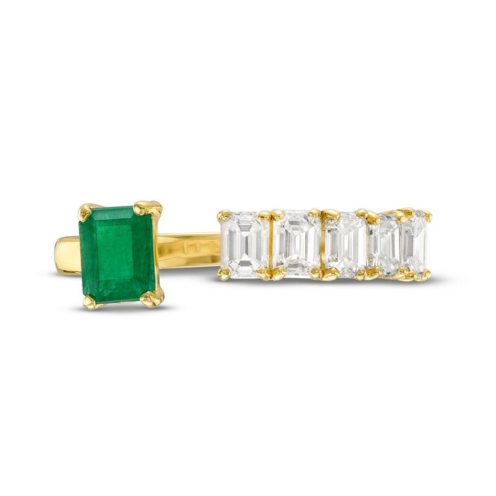 Green Emerald and Diamond Open Ring