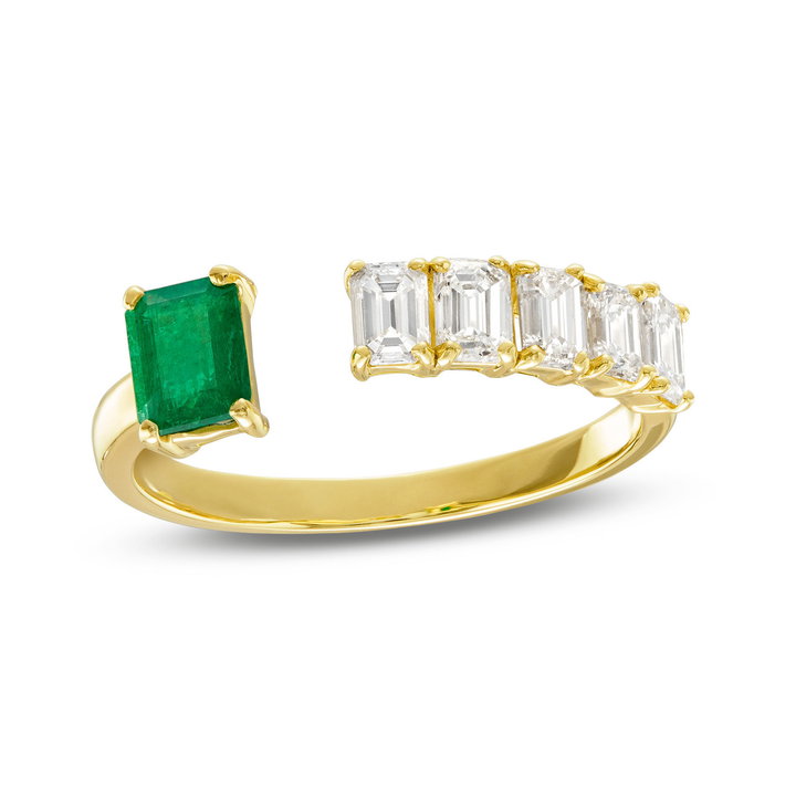 Green Emerald and Diamond Open Ring In Yellow Gold 18K