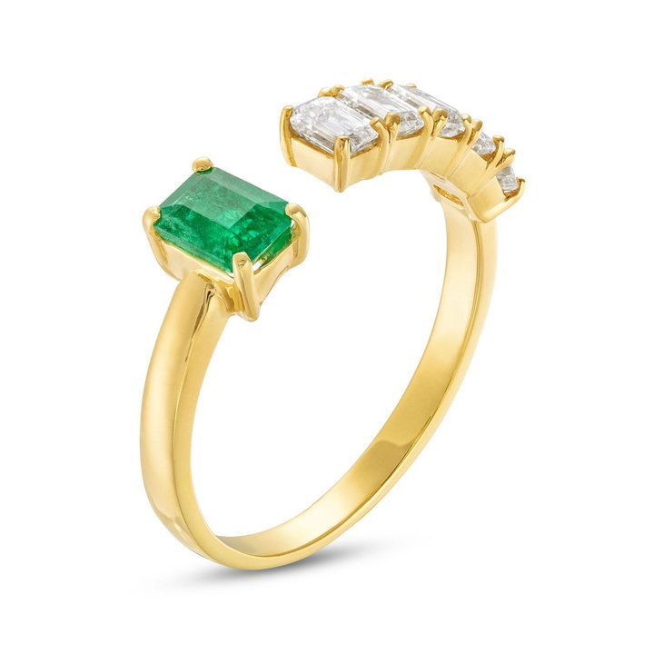 Green Emerald and Diamond Open Ring In Yellow Gold 18K