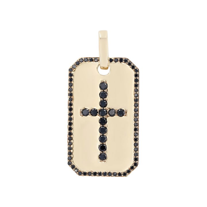 Black Diamond Cross Dog Tag Pendant In Yellow Gold 14K