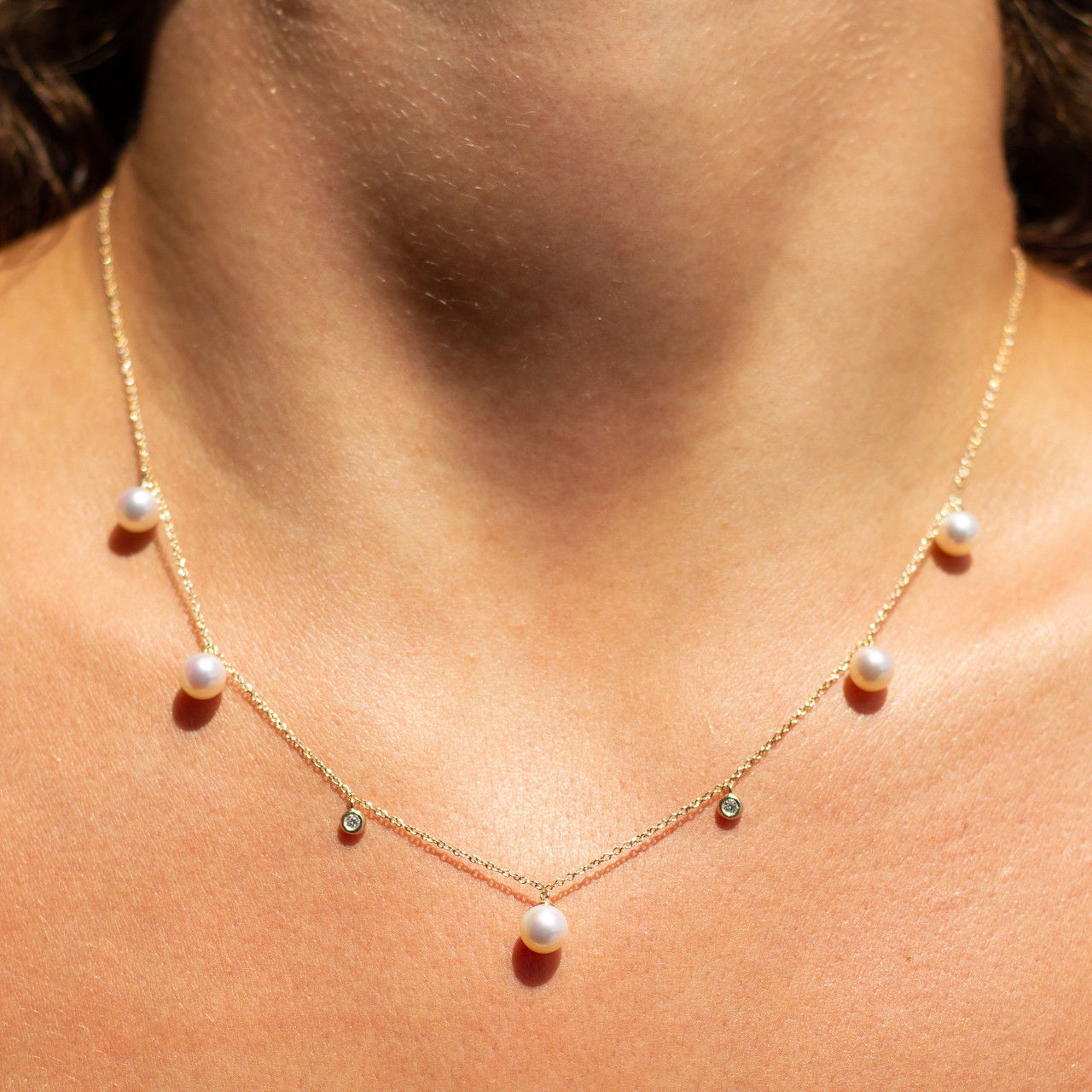 Freshwater Pearl and Diamond Bezel Station Necklace