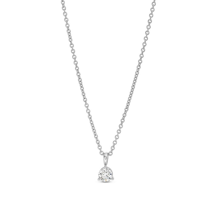 Three Prong Diamond Solitaire Pendant Necklace In White Gold 14K