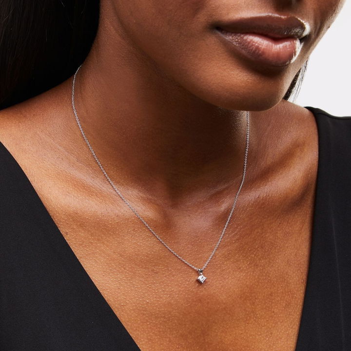 White Gold 14K Princess Diamond Solitaire Pendant Necklace