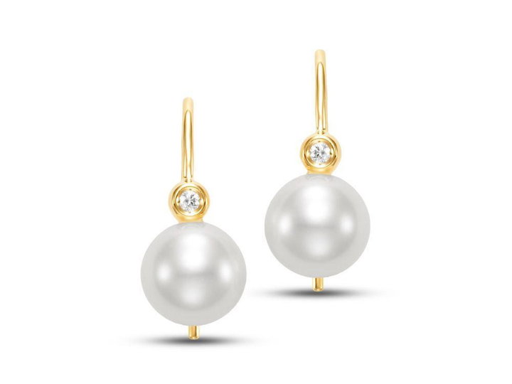 Freshwater Pearl & Diamond Petite Wire Earrings In Yellow Gold 14K