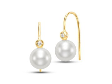 Freshwater Pearl & Diamond Petite Wire Earrings In Yellow Gold 14K