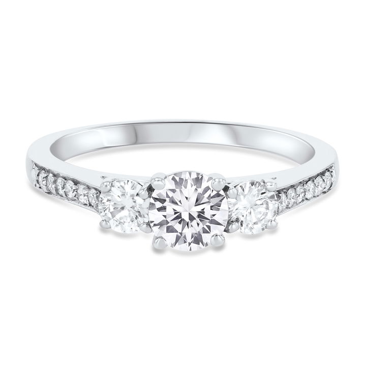 White Gold 14K Three Stone Round Diamond Beadset Engagement Setting