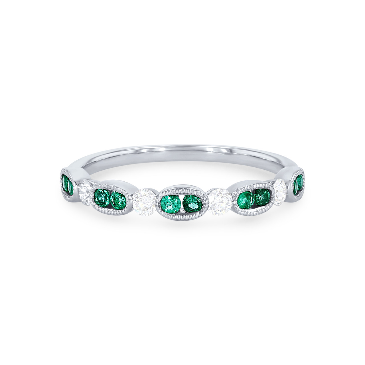 Uneek Diamond and Green Emerald Milgrain Wedding Band 0
