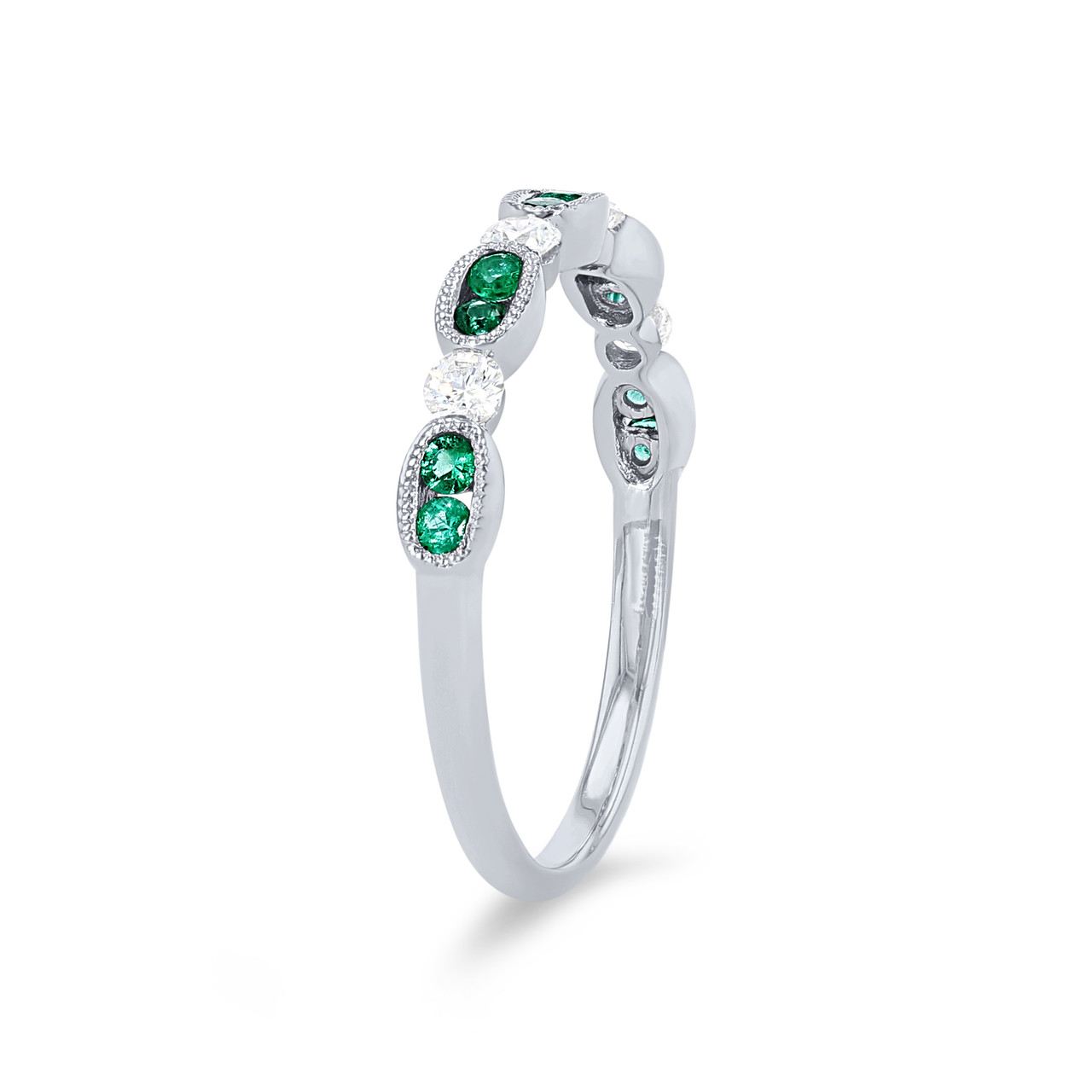 Uneek Diamond and Green Emerald Milgrain Wedding Band 1