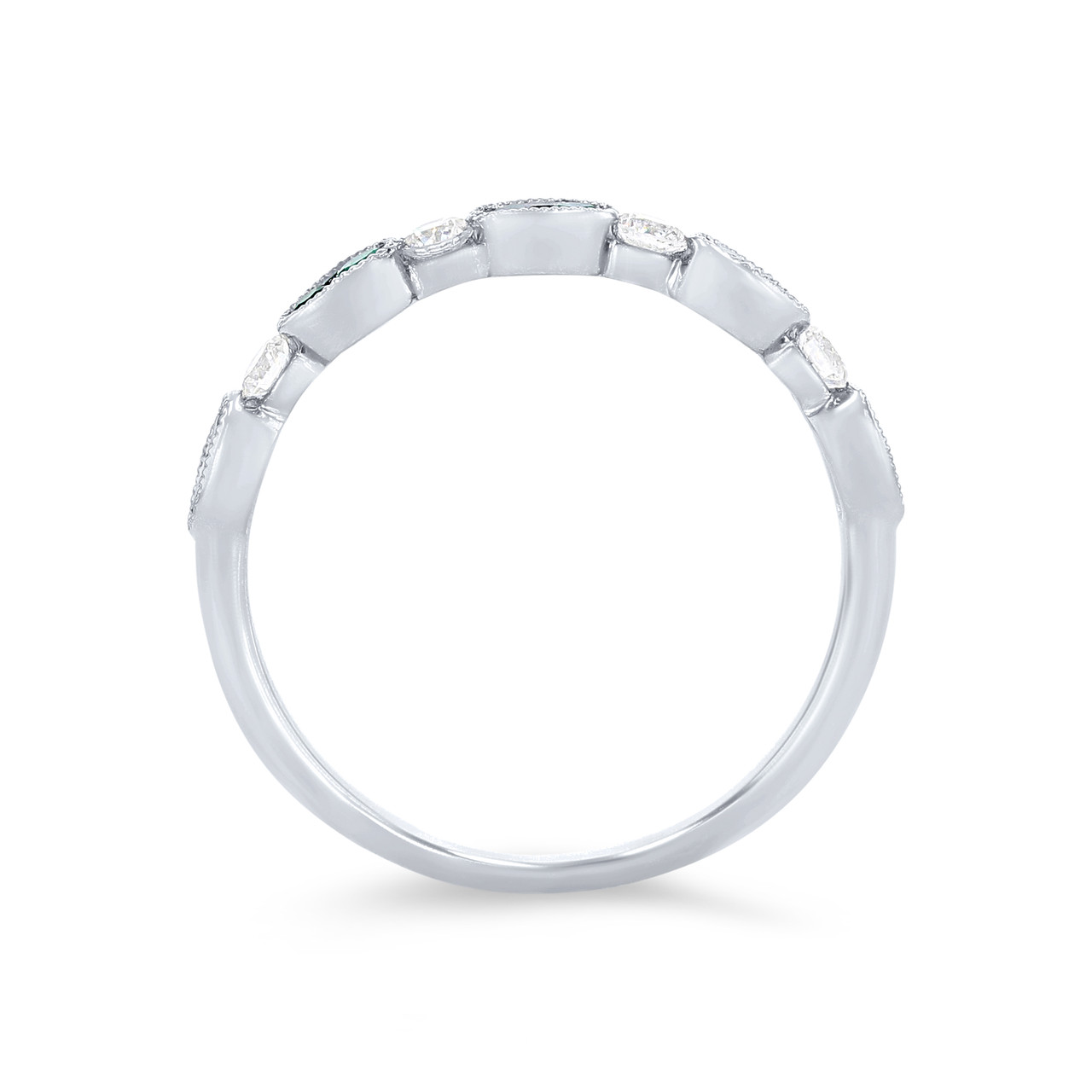 Uneek Diamond and Green Emerald Milgrain Wedding Band 2