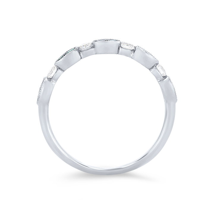 Uneek Diamond and Green Emerald Milgrain Wedding Band In Solid 14K White Gold