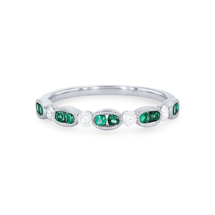 Yellow Gold 14K Uneek Diamond and Emerald Milgrain Band
