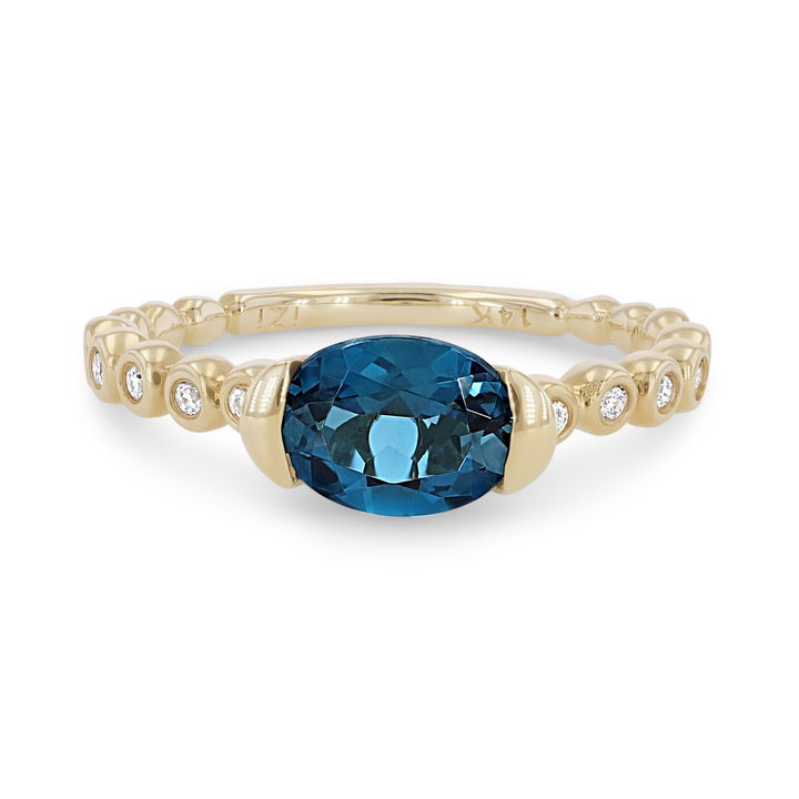 Yellow Gold 14K London Blue Topaz and Diamond Bezel Ring
