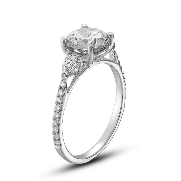White Gold 14K Three Stone Pear Diamond Pave Engagement Setting