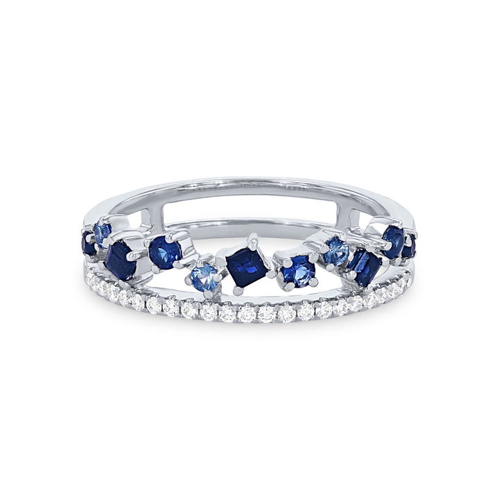 White Gold 14K Uneek Two Row Scatter Sapphire and Diamond Wedding Band