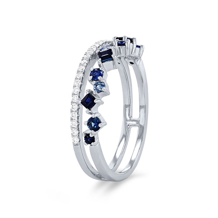White Gold 14K Uneek Two Row Scatter Sapphire and Diamond Wedding Band