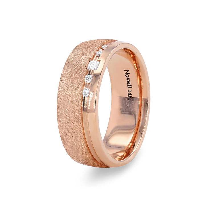 White Gold 14K Diamond Groove Textured 8mm Wedding Band