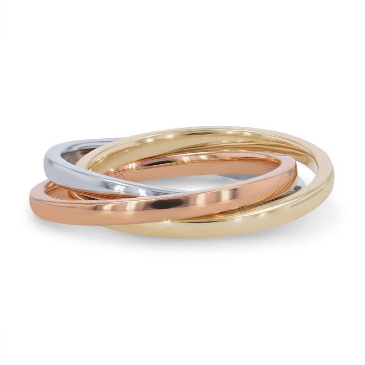 Tri Tone Rolling 2mm Wedding Band In Solid 14K Tri-color