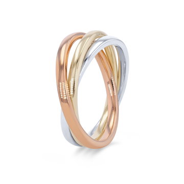 Tri Tone Rolling 2mm Wedding Band In Solid 14K Tri-color