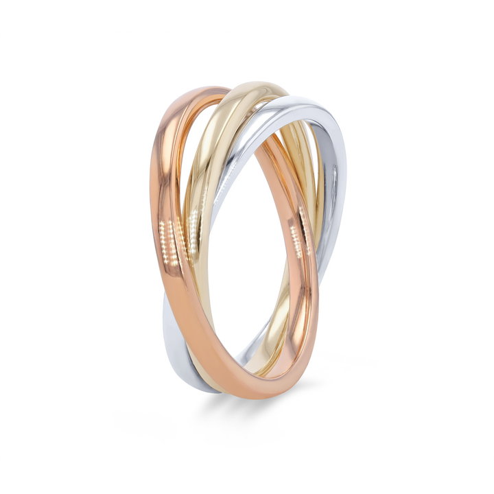 Tri Tone Rolling 2mm Wedding Band In Solid 14K Tri-color