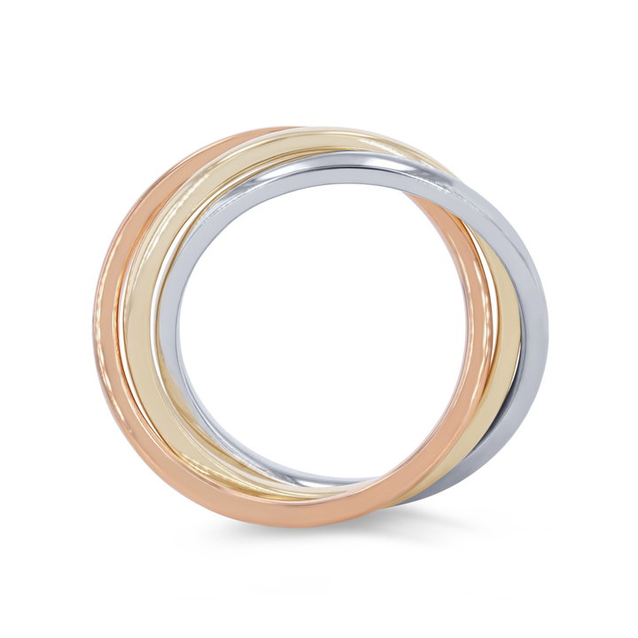 Tri Tone Rolling 2mm Wedding Band In Solid 14K Tri-color