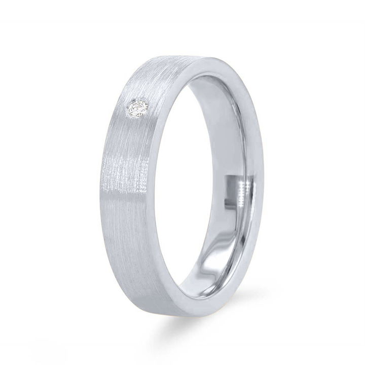 White Gold 14K Matte Single Diamond 4mm Wedding Band