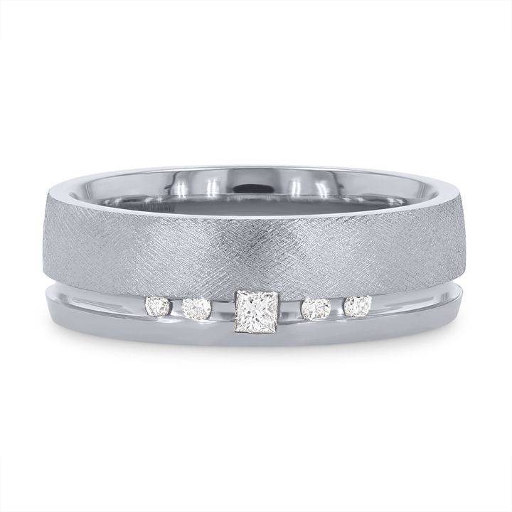 White Gold 14K Matte Princess and Round Diamond 6mm Wedding Band