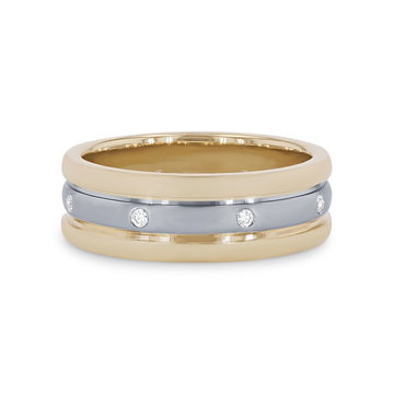 Three Row Diamond Inlay 6mm Eternity Wedding Band In Solid 14K White / Yellow Gold