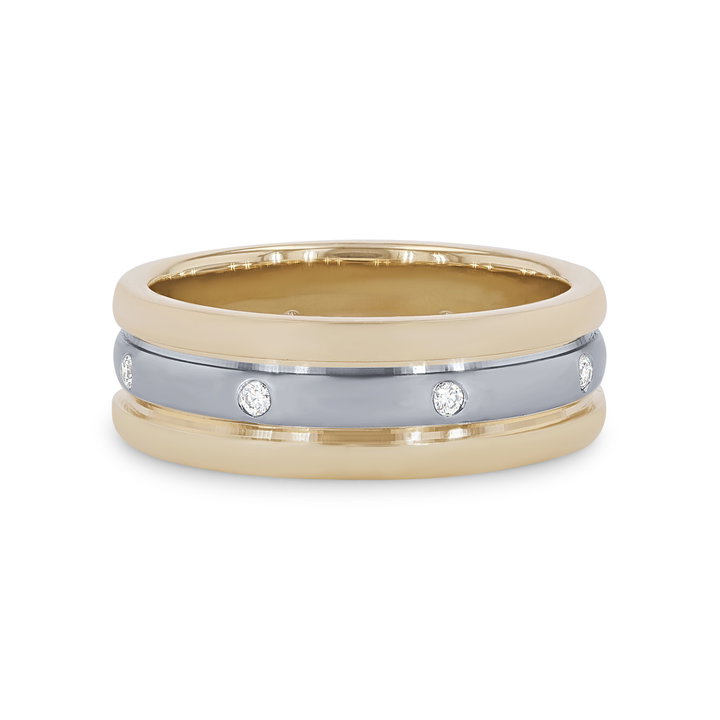 Three Row Diamond Inlay 6mm Eternity Wedding Band In Solid 14K White / Yellow Gold